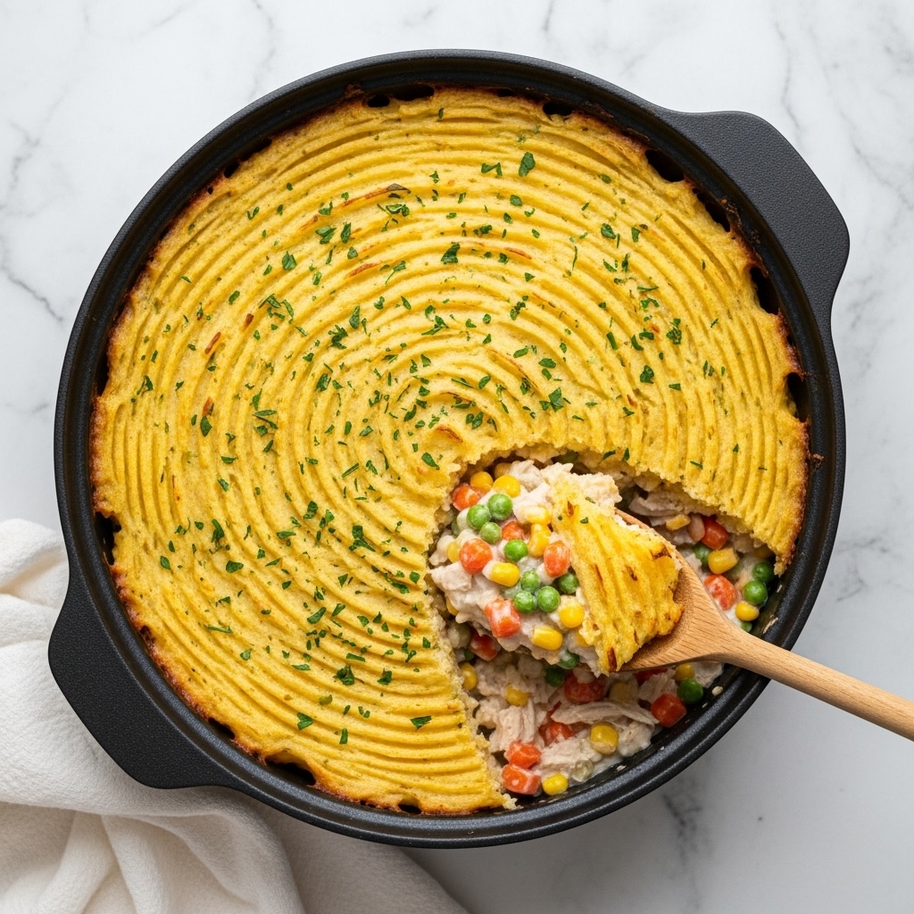 A round black cast iron pan is filled with a two-layer dish. The top layer is golden mashed potatoes with a slightly crispy texture, marked with neat, wavy lines from a fork. It is sprinkled with small green herb pieces. A wooden spoon rests in the dish, scooping out a portion of the bottom layer, which is a creamy, light beige sauce mixed with orange carrot bits, yellow corn kernels, and pale pieces of chicken. The pan sits on a white marbled surface with some green herbs on the side and a white cloth nearby. Photo taken with an iphone --ar 4:5 --v 7
