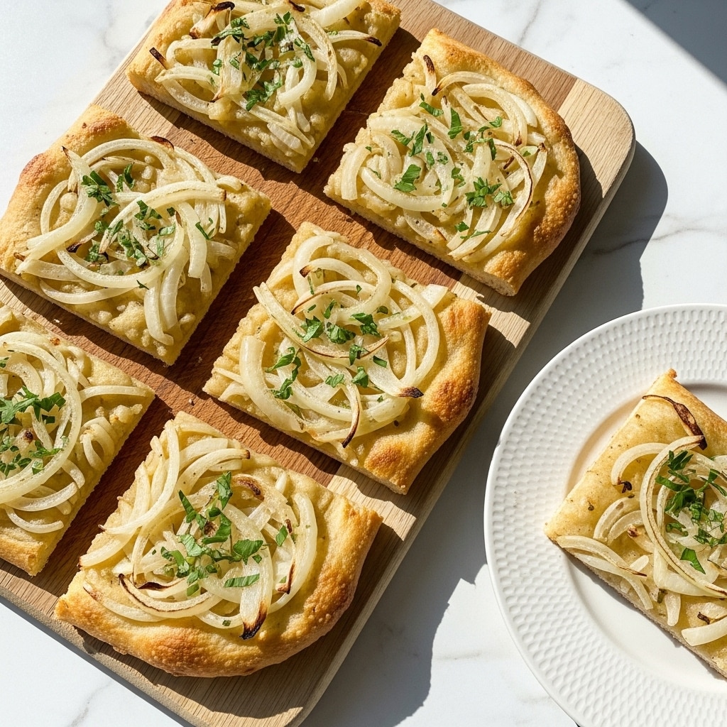 The image shows six rectangular pieces of flatbread topped with caramelized onions and small green herb pieces. Each flatbread slice has a golden-brown crust on the bottom with a thick layer of soft, sautéed onions covering the top, giving a mix of light beige and golden caramel colors with green herbs sprinkled evenly. Five slices rest together on a wooden cutting board, while one slice is placed on a white plate with a subtle textured pattern visible. The scene is set on a white marbled surface with warm natural lighting. photo taken with an iphone --ar 4:5 --v 7