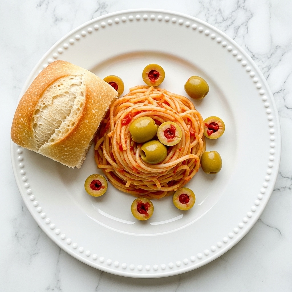 A white plate with a dotted edge holds a round pile of spaghetti coated in a light brown sauce. On top and around the spaghetti, there are green olives cut in half revealing orange bits inside. To the left of the spaghetti, there is a small bread roll with a crusty top. The background is a white marbled texture. photo taken with an iphone --ar 4:5 --v 7