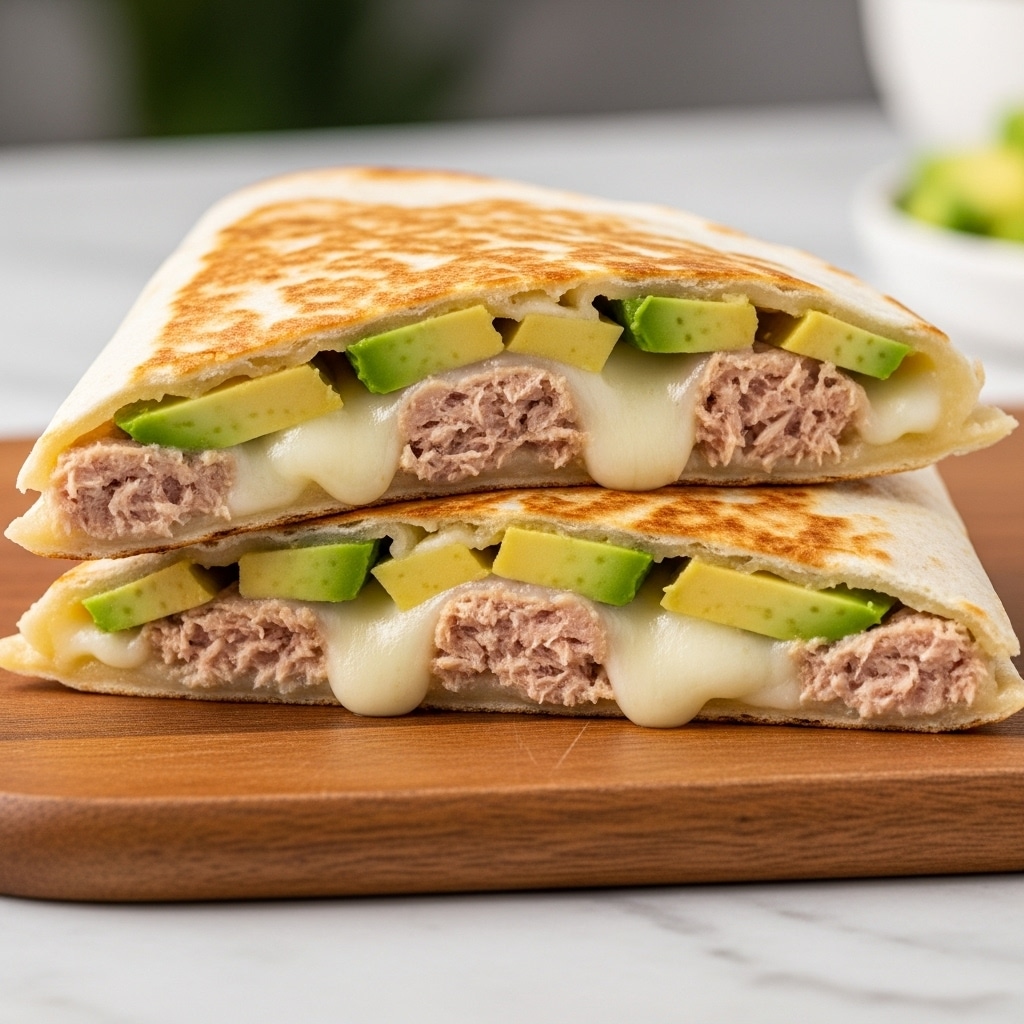 The image shows two halves of a quesadilla placed on a wooden cutting board with a white marbled surface underneath. Each quesadilla half has a golden-brown grilled tortilla exterior with a slightly crispy texture. Inside, there are visible layers including creamy melted white cheese, chunks of light pink tuna, and slices of fresh green avocado. The filling is evenly distributed, with the avocado slices and tuna clearly contrasting the melted cheese. The quesadilla halves are stacked with one slightly overlapping the other, showing the layers clearly. Photo taken with an iphone --ar 4:5 --v 7