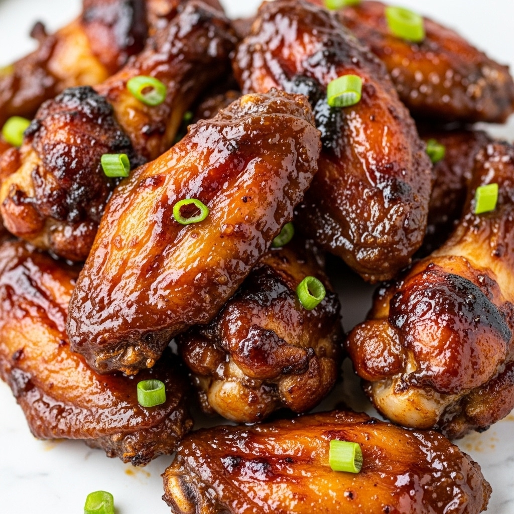 The image shows a pile of chicken wings covered in a shiny, dark reddish-brown sauce that looks sticky and thick. The wings have a crispy texture visible under the sauce. Small pieces of chopped green onions are sprinkled on top, adding a fresh green color to the dish. The wings are placed directly on a white marbled surface with some sauce spots around them. Photo taken with an iphone --ar 4:5 --v 7