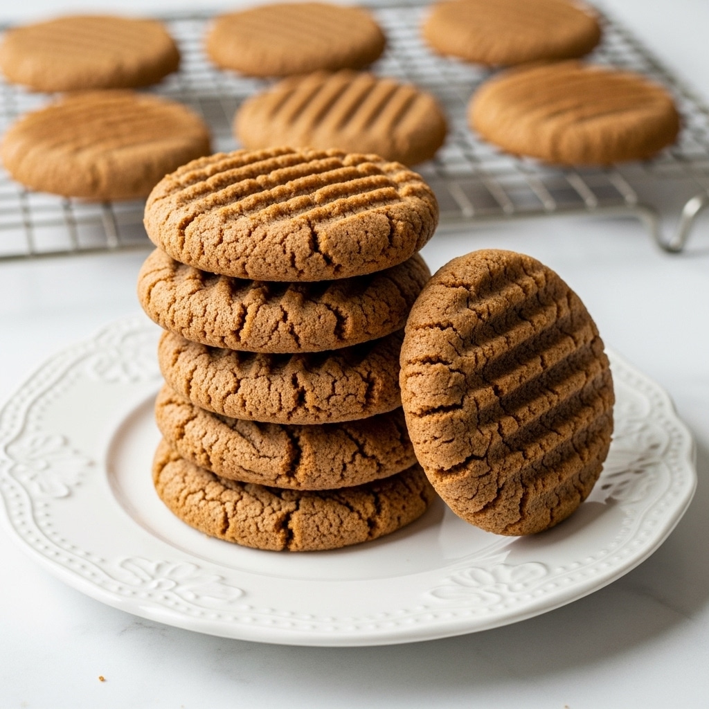 A stack of five thick, soft chocolate cookies with cracked tops and a rough texture sits in the center of a white plate with a subtle floral pattern around the edge. One cookie leans against the stack, showing its round shape and rich brown color with fork marks on the surface. In the background, a cooling rack with more cookies is slightly out of focus, all placed on a white marbled surface. The lighting is soft and natural, highlighting the cracks and texture of the cookies. photo taken with an iphone --ar 4:5 --v 7