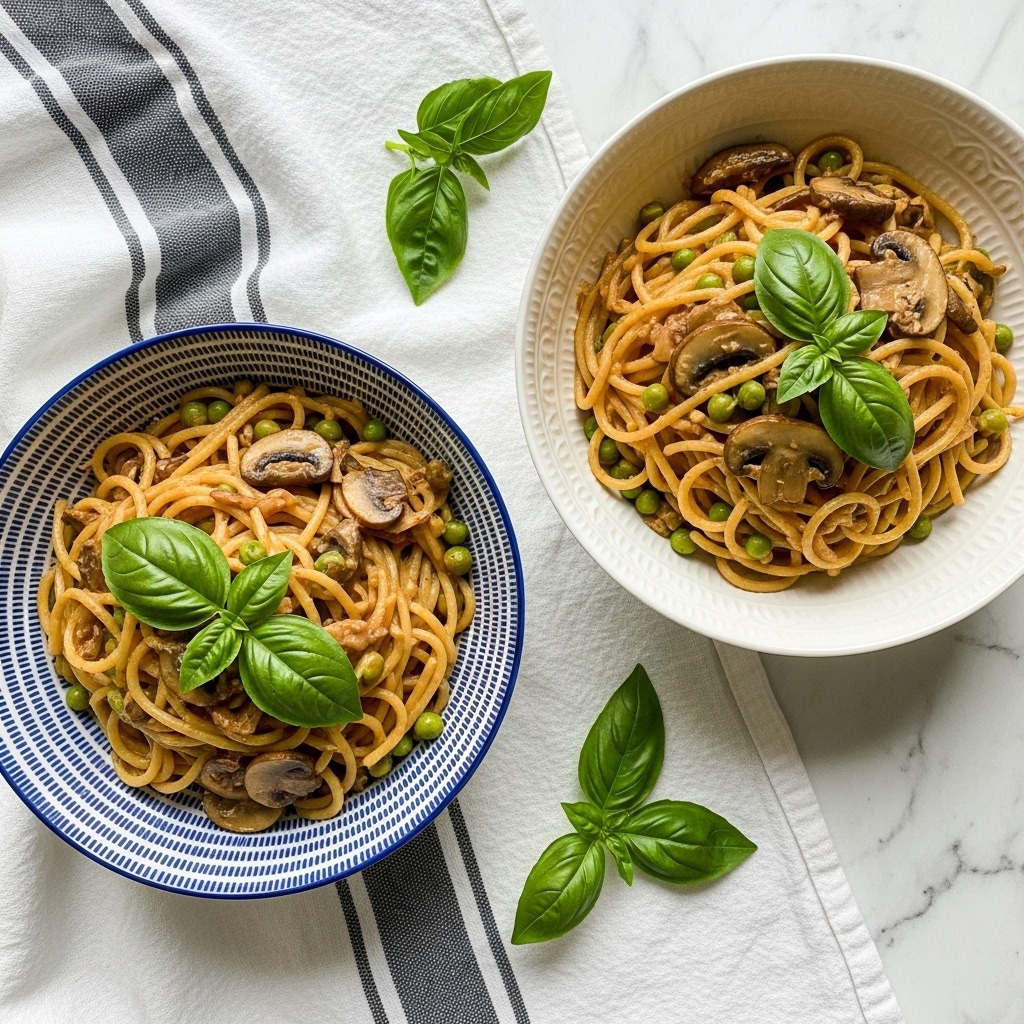 Two white bowls with blue pattern are filled with spaghetti noodles mixed with small green peas, sliced brown mushrooms, and bits of red tomato. On top of each bowl, there are a few fresh green basil leaves that add a pop of color. The noodles are golden-brown and slightly glossy, swirling around in each bowl. The background shows a white marbled surface covered by a gray and white striped cloth with some scattered green basil stems. Photo taken with an iphone --ar 4:5 --v 7