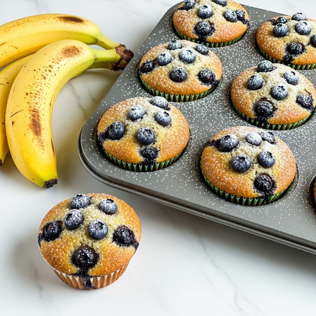 A metal muffin tray holds seven golden-brown blueberry muffins with a rough, textured top, each sprinkled lightly with powdered sugar. The muffins have visible dark purple blueberries that slightly burst out of the light brown batter. Two muffins sit outside the tray on the white marbled surface nearby. To the left side, three yellow ripe bananas with some brown spots rest on the white marbled texture. The scene is bright and inviting, with the muffins showing a homemade, rustic feel. Photo taken with an iphone --ar 4:5 --v 7