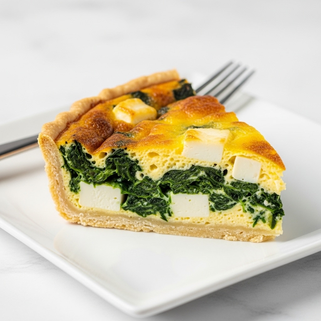 A single slice of frittata sits on a white square plate with slightly raised edges, placed on a white marbled surface. The frittata has about four visible layers: the bottom crust is golden brown and slightly crispy; the next layer is a light yellow egg mix with green spinach leaves embedded throughout; above that are small white cheese pieces scattered evenly; and the top layer is a slightly browned, fluffy egg surface with some melted cheese creating a textured look. A silver fork rests behind the slice on the plate. photo taken with an iphone --ar 4:5 --v 7