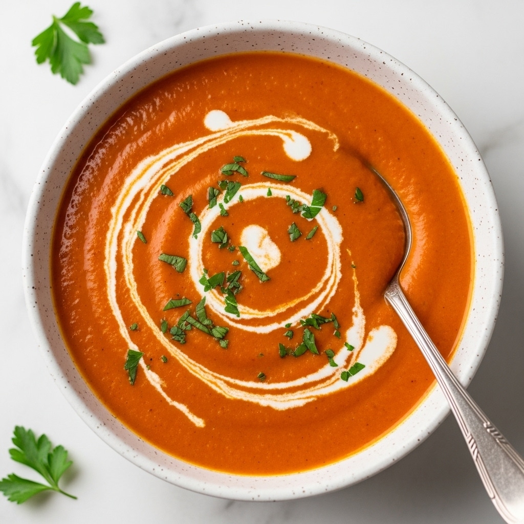 A creamy orange-red tomato soup fills a white bowl that has small black speckles on its rim. The soup has a smooth texture and a swirl of white cream on top, creating a spiral pattern in the center. Tiny green herb pieces are scattered over the soup surface. A silver spoon rests partially inside the bowl on the right side. The bowl sits on a white marbled surface with a white cloth and a sprig of green parsley visible around it. photo taken with an iphone --ar 4:5 --v 7