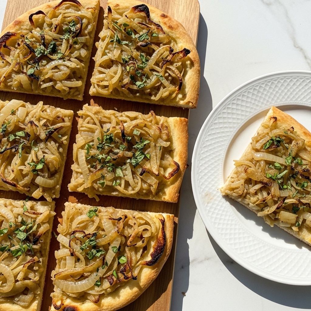 The image shows six rectangular pieces of flatbread with a golden-brown crust, each topped with a layer of cooked, translucent caramelized onions with light brown edges and sprinkled with small chopped green herbs. Five pieces are placed on a wooden cutting board with a light-colored wood grain, and one piece is on a white plate with a faint textured pattern. The flatbread has a slightly crispy texture and the onions are spread evenly on top of each piece. The setting has bright natural light, emphasizing the colors and textures of the dish on a white marbled surface. photo taken with an iphone --ar 4:5 --v 7