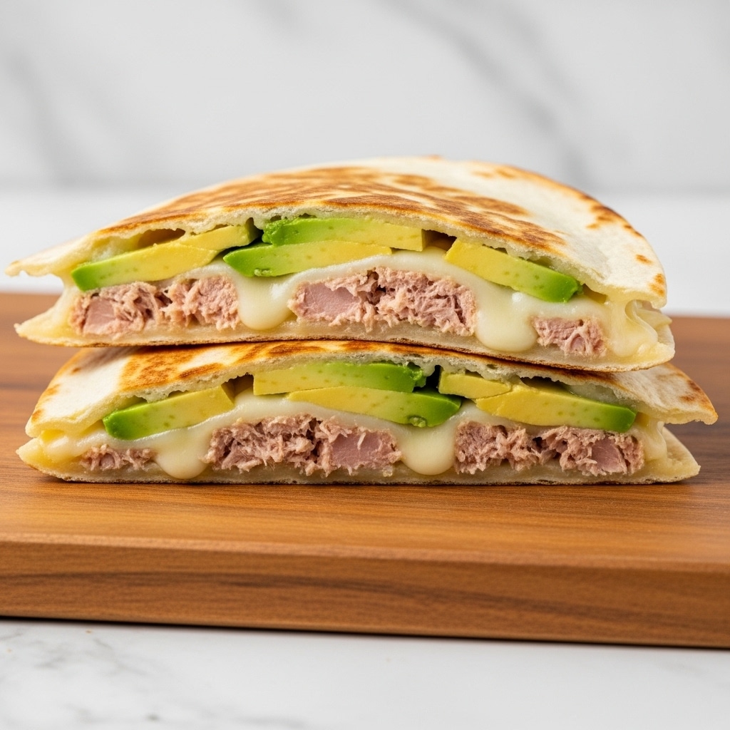 The image shows two folded quesadilla halves resting on a wooden cutting board. Each quesadilla has a golden-brown toasted tortilla as the outer layer with a slight crisp texture. Inside, there are visible layers of melted white cheese that looks gooey and stretchy, chunks of light pink tuna, and several pieces of light green avocado, cut into small slices. The quesadilla halves are stacked so that one slightly overlaps the other, showcasing the filling clearly. The setting has a soft natural light with a blurred background and the surface beneath the cutting board has a white marbled texture. photo taken with an iphone --ar 4:5 --v 7