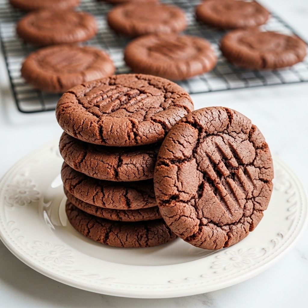 A stack of six thick, crumbly brown cookies sits on a white plate with a delicate embossed edge, arranged unevenly with one cookie leaning against the stack. The cookies have visible cracks and ridged fork marks on top, showing their soft and slightly crumbly texture. In the soft focus background, several more cookies rest on a metal cooling rack. The whole scene is set on a white marbled surface. photo taken with an iphone --ar 4:5 --v 7