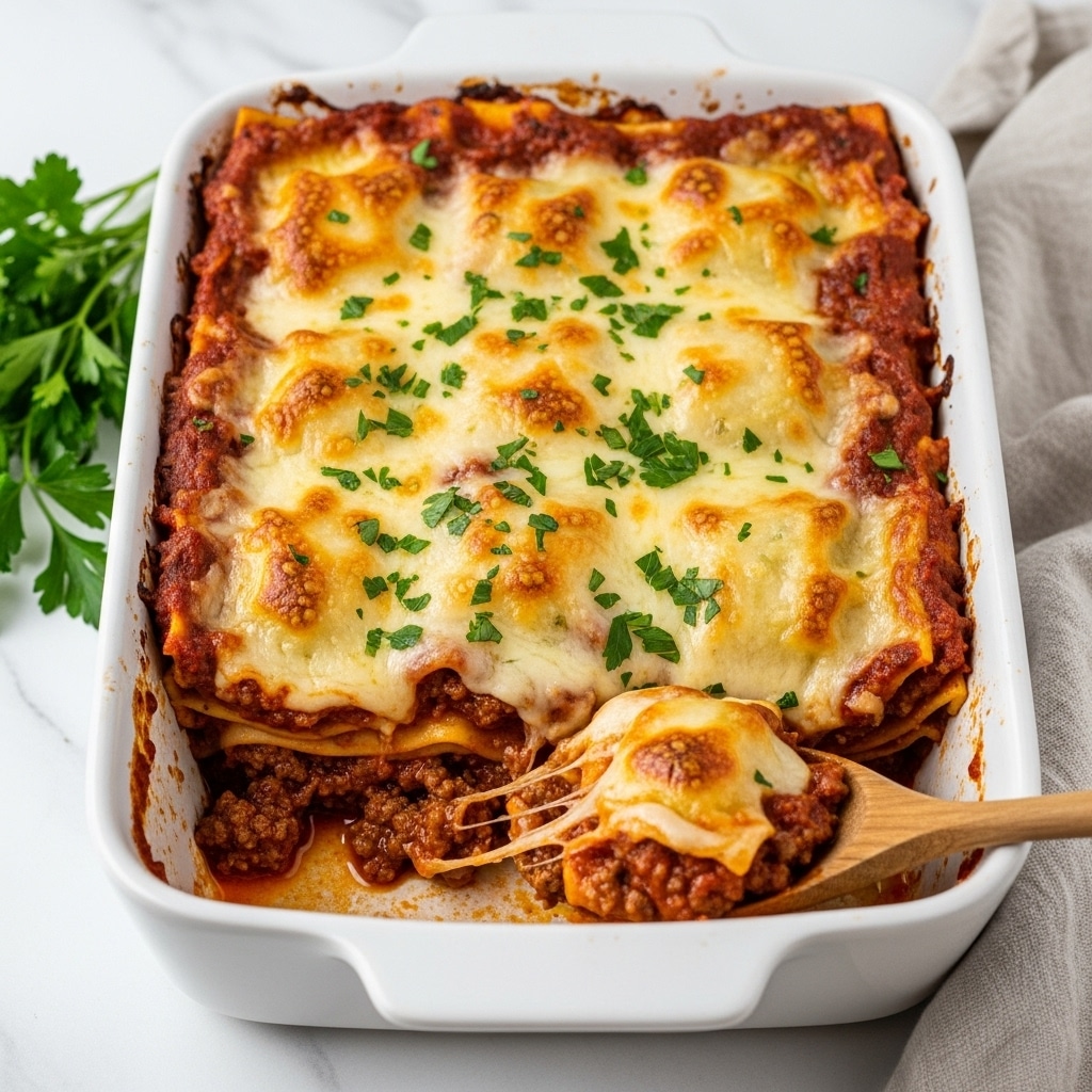 A white rectangular dish filled with a baked lasagna showing three visible layers: the bottom layer is a rich reddish-brown meat sauce with bits of ground beef and tomato chunks, the middle layer is yellow pasta sheets partly covered by the sauce, and the top layer is melted white and slightly golden cheese sprinkled with small green herb pieces. A wooden spoon is scooping some lasagna from the bottom right corner, revealing gooey cheese and sauce. The dish sits on a white marbled surface, with fresh green parsley on the left side. Photo taken with an iphone --ar 4:5 --v 7