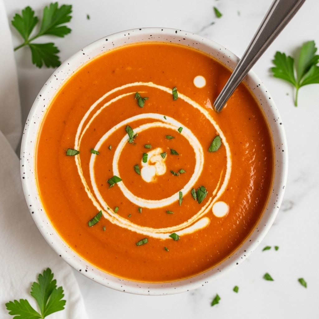 A smooth, rich orange-red tomato soup fills a white speckled bowl, with a swirl of white cream gently mixed on top creating a light spiral pattern. The soup is sprinkled with small pieces of fresh green herbs, adding texture and color contrast. A silver spoon rests inside the bowl on the right side, partially immersed in the soup. The bowl sits on a white marbled surface with a few parsley leaves nearby for garnish. Photo taken with an iphone --ar 4:5 --v 7