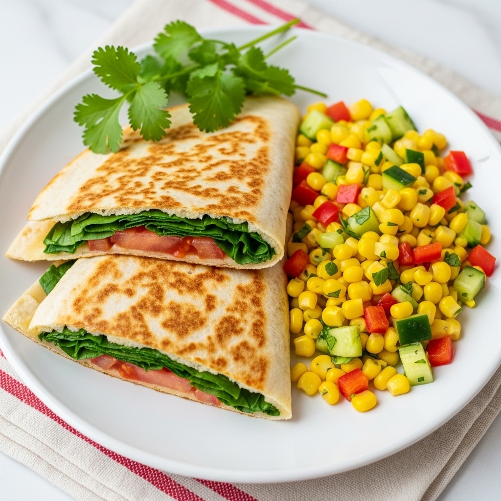 The image shows a white plate on a white marbled surface with a folded quesadilla cut into three pieces placed toward the top left; the quesadilla has a light golden brown crispy outer layer with visible green spinach and bits of red tomato inside surrounded by soft white tortilla. Beside the quesadilla on the right side of the plate, there is a colorful salad made of yellow corn, light green cucumber slices, and small red bell pepper pieces, all mixed together with a garnish of fresh green cilantro leaves on the far right. The plate is set on a beige cloth with red stripes underneath. Photo taken with an iphone --ar 4:5 --v 7