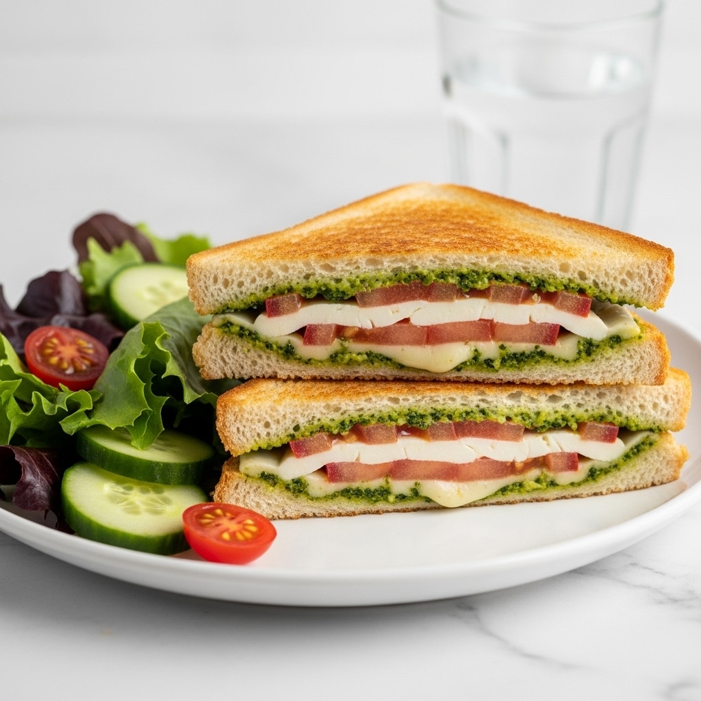 A white plate holds a sandwich cut in half and stacked, with two golden toasted bread slices showing a melted white cheese layer, slices of red tomato, and a layer of green pesto spread. The sandwich sits next to a fresh salad made of mixed green and purple lettuce, cucumber slices, and red bell pepper pieces. A small pool of green pesto is beside the salad. The plate is on a brown mat, and a glass of water stands behind it on a white marbled surface. photo taken with an iphone --ar 4:5 --v 7