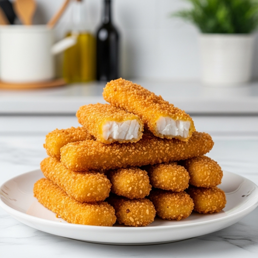 A white plate is filled with a stack of golden brown rectangular breaded nuggets, each piece having a rough, crispy texture. The nuggets are arranged in two layers, with four pieces at the bottom and three pieces placed on top in a slightly uneven pile. The plate sits on a white marbled surface, and a softly blurred kitchen background with neutral colors and kitchen items can be seen behind it. photo taken with an iphone --ar 4:5 --v 7