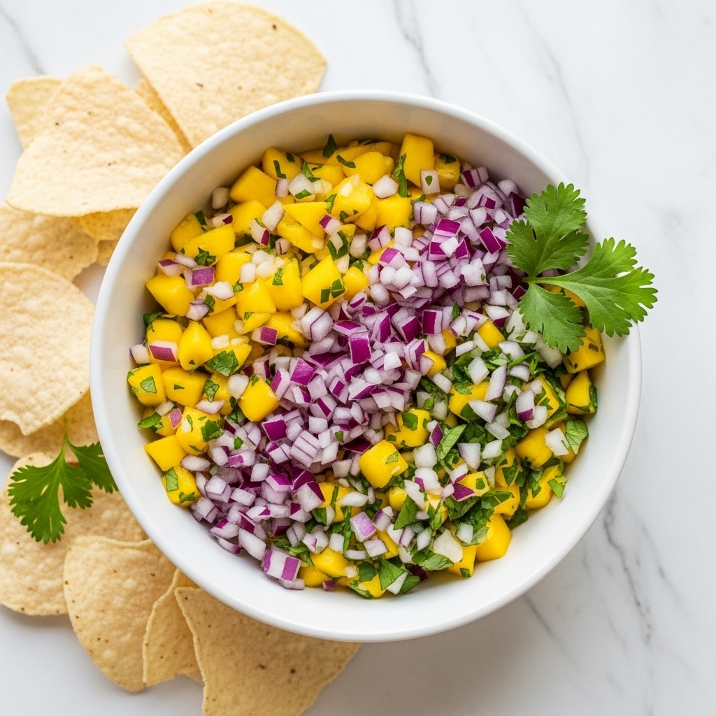 A white bowl filled with a colorful salsa showing three clear layers, the bottom layer is finely chopped mango pieces with a bright yellow color, the middle layer consists of small diced orange bell peppers, and the top layer has small chunks of white onion mixed with bits of purple onion and green herbs. A fresh sprig of cilantro rests on the side inside the bowl. The bowl sits on a white marbled surface with some off-white tortilla chips placed around it. photo taken with an iphone --ar 4:5 --v 7