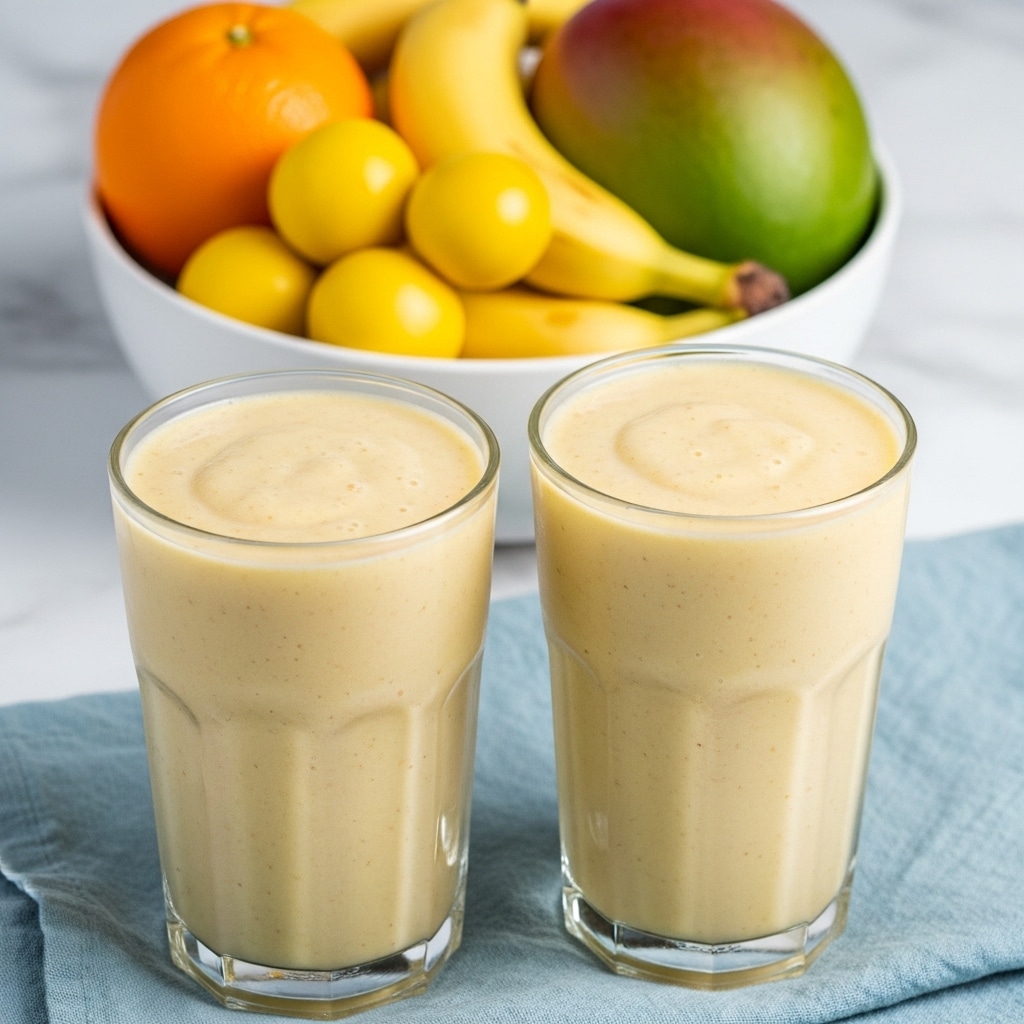 Two tall clear glasses filled with a smooth, creamy light yellow smoothie, each glass standing on a light blue cloth. Behind the glasses, there is a white bowl holding bright yellow pineapple pieces, with whole fruits including a green mango, a bright orange, and a small bunch of yellow bananas arranged casually on a white marbled surface. The smoothie texture looks thick and slightly glossy at the top. photo taken with an iphone --ar 4:5 --v 7