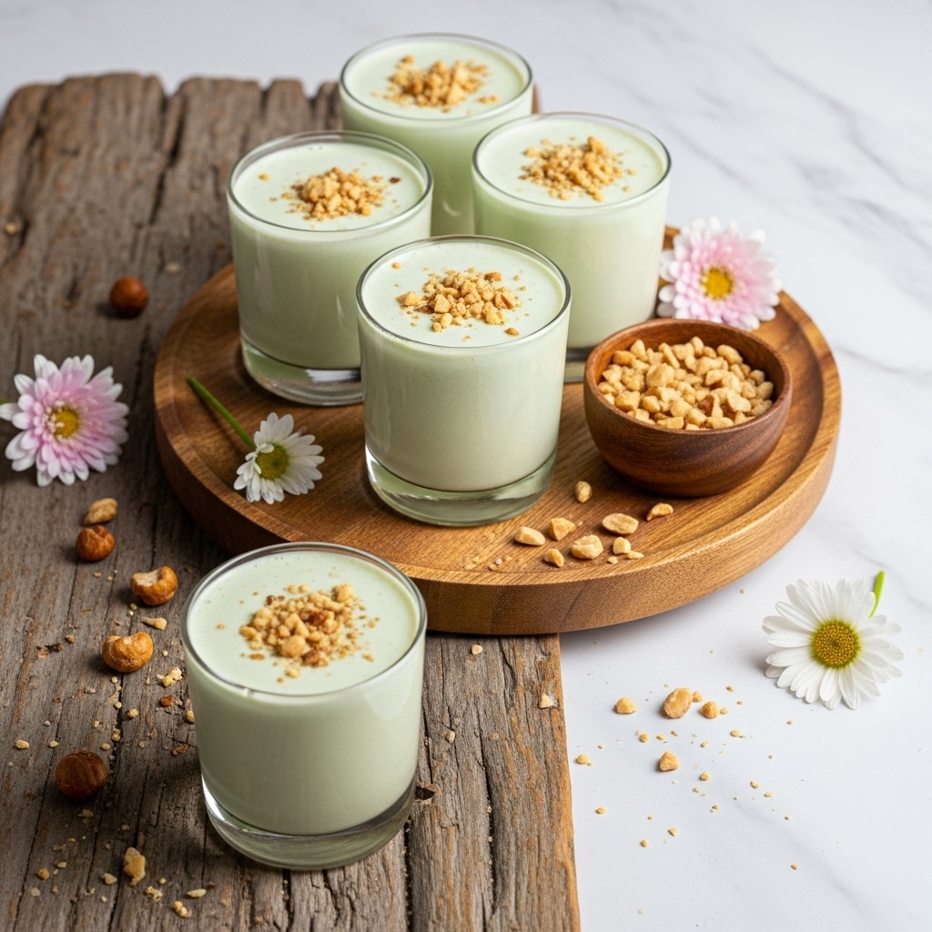 The image shows four clear, faceted glasses filled with a light green creamy drink, each topped with small pieces of crushed pistachios. One glass is in the front, while the other three are arranged closely together on a round wooden tray behind it. Next to the glasses on the tray is a small wooden bowl filled with more crushed pistachios. Scattered around the wooden surface are a few pistachio pieces and soft white flowers with light pink centers, placed gently near the drinks, all set against a warm, natural wooden table with a white marbled texture background. photo taken with an iphone --ar 4:5 --v 7