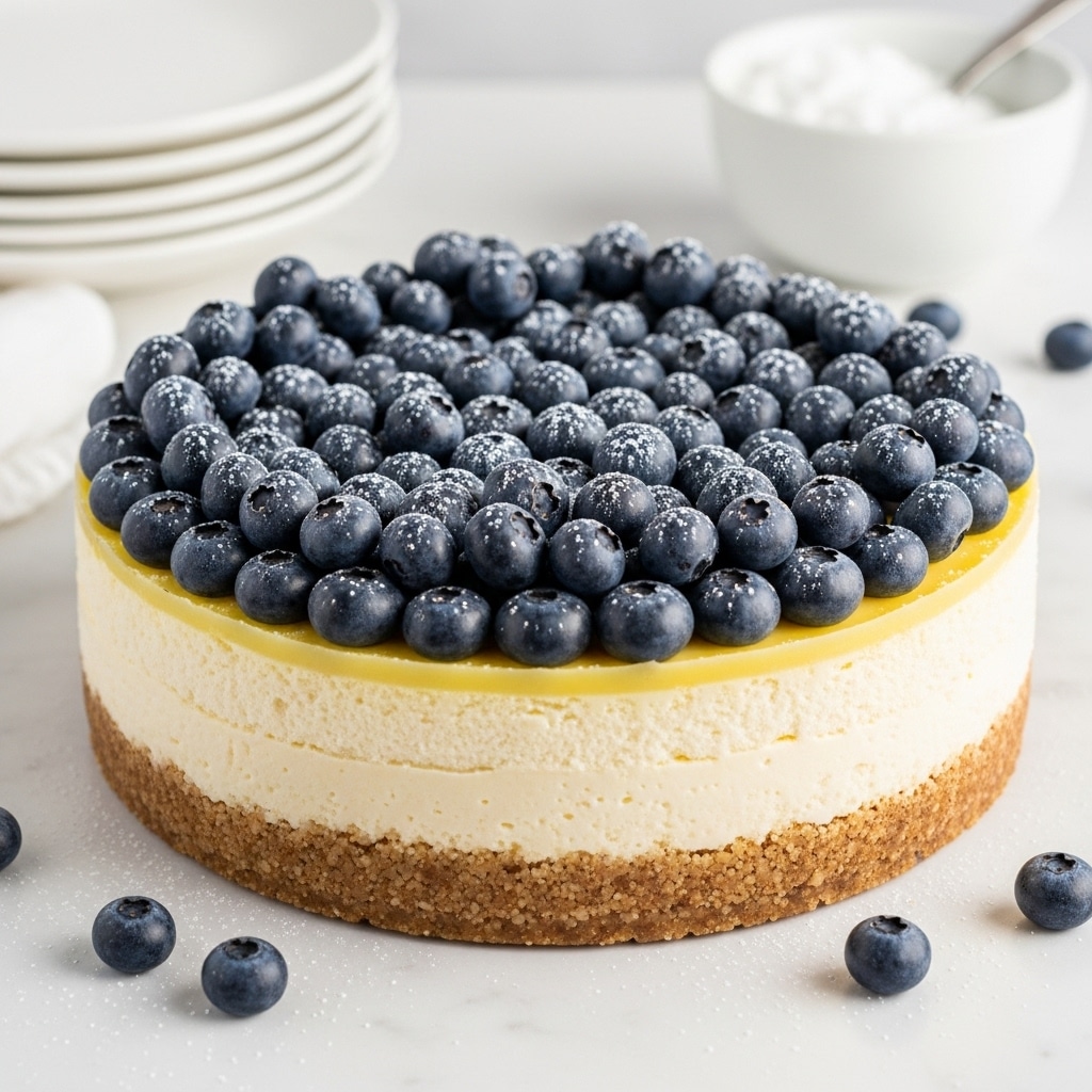 A round cheesecake with three distinct layers sits on a white marbled surface. The bottom layer is a thick, crumbly, golden-brown crust. Above that is a smooth, creamy, light yellow cheese layer. The top layer is covered with a dense, even circle of fresh, dark blue blueberries that have a slight powdery coating. Some powdered sugar is lightly sprinkled over the blueberries and the surrounding white marbled surface, with a few loose blueberries scattered nearby. In the background, there is a stack of white plates and a white bowl with powdered sugar. photo taken with an iphone --ar 4:5 --v 7