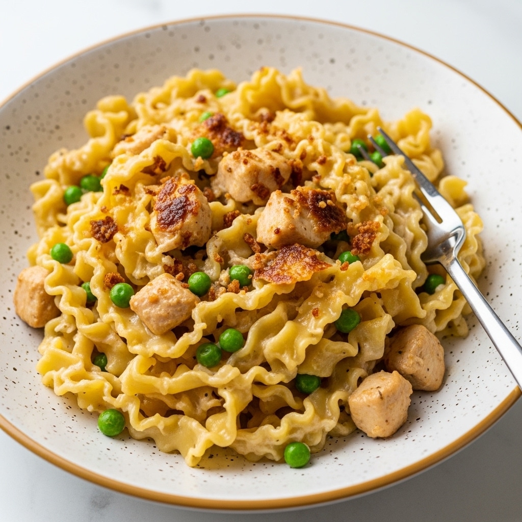 A close-up of a bowl filled with creamy pasta made with twisted noodles coated in a pale yellow sauce. The pasta is mixed with small green peas, bits of light brown chicken, and some golden crispy topping scattered on top. The noodles have a slightly glossy texture from the sauce, and the crispy pieces add a textured contrast. The bowl is white with a simple design, and a fork rests inside on one side. The background shows a white marbled surface. photo taken with an iphone --ar 4:5 --v 7