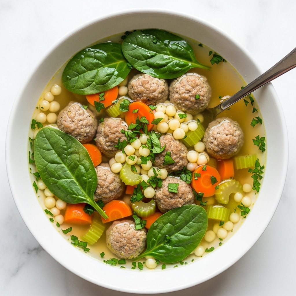 A white bowl filled with clear broth soup containing multiple browned meatballs scattered evenly throughout. Orange carrot chunks, small pale yellow pearl pasta, and green spinach leaves float in the broth, adding pops of color and texture. Some small pieces of celery add a lighter green contrast, and finely chopped herbs are sprinkled over the top. A silver spoon rests inside the bowl on the right side. The bowl sits on a white marbled surface. photo taken with an iphone --ar 4:5 --v 7
