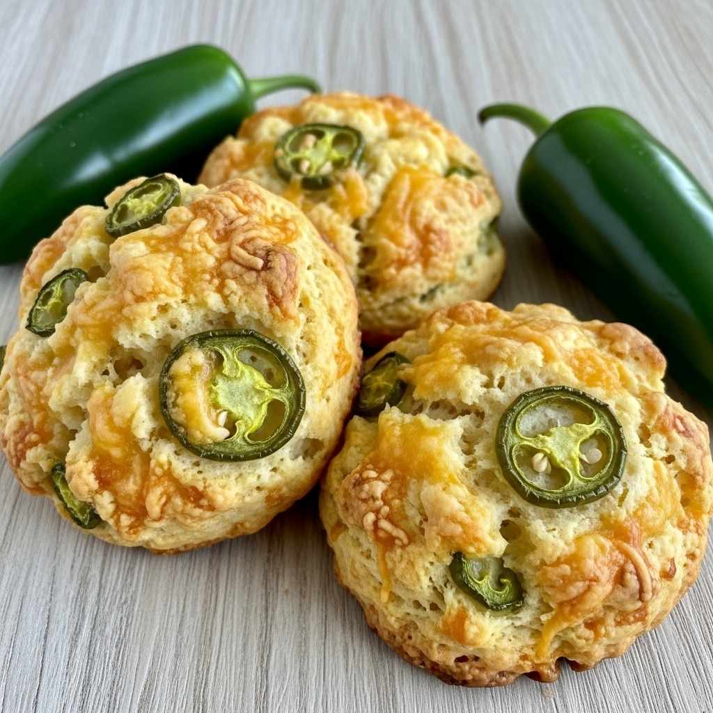The image shows three irregularly shaped, golden-brown baked cheese scones with a slightly rough texture, each having hints of green jalapeño pieces embedded in them. Two whole dark green jalapeños rest near the scones on a light wooden surface, which is changed to a white marbled texture. The scones appear soft and cheesy with slightly crispy edges, and the cheese melts through the top giving an uneven and textured look. The focus is mainly on the scone in the foreground. Photo taken with an iphone --ar 4:5 --v 7