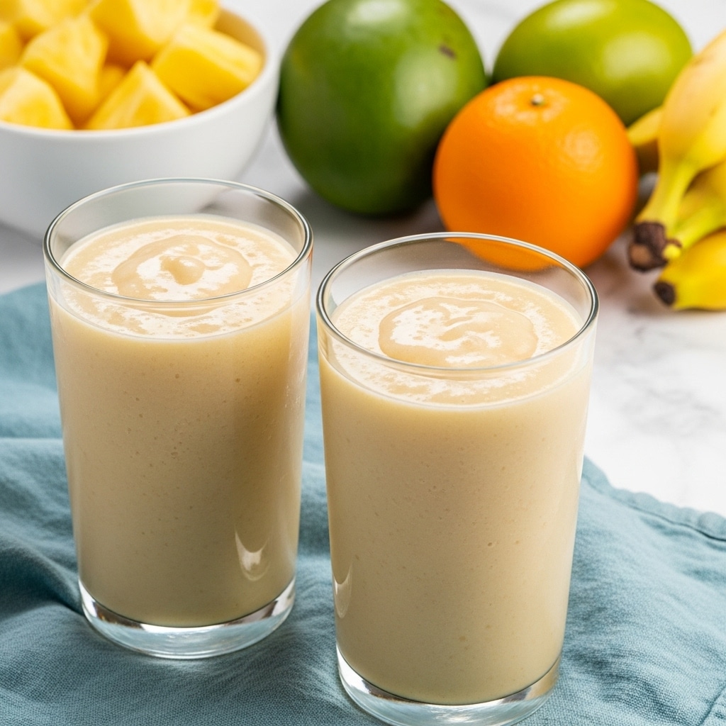 Two tall, clear glasses filled with smooth, creamy pale yellow smoothie sit side by side on a light blue cloth. Behind the glasses, there is a white bowl filled with bright yellow fruit pieces, an orange, a bunch of small yellow bananas, and a green mango, all resting on a white marbled surface. The smoothie looks thick and has a shiny, creamy texture on the top. photo taken with an iphone --ar 4:5 --v 7