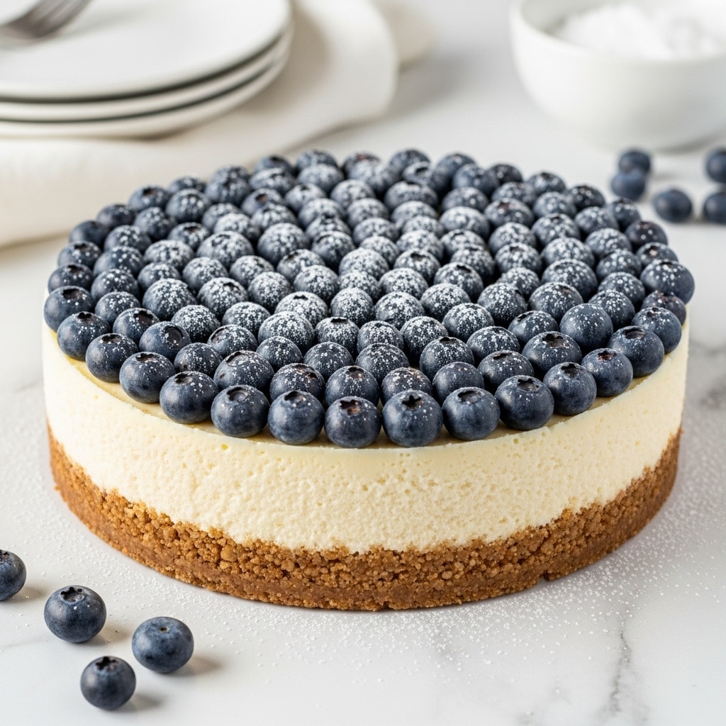 A round cheesecake with three layers sits on a white marbled surface: the bottom layer is a thick, rough, golden-brown crumb crust; the middle layer is a smooth, pale creamy cheese filling; and the top layer is a thin, light yellow glaze. On top, a dense circle of fresh, plump, dark blue blueberries covers the entire surface, some with a light dust of powdered sugar. A few blueberries and powdered sugar granules are scattered around the cheesecake. In the background, a stack of white plates and a white bowl filled with powdered sugar are visible. Photo taken with an iphone --ar 4:5 --v 7