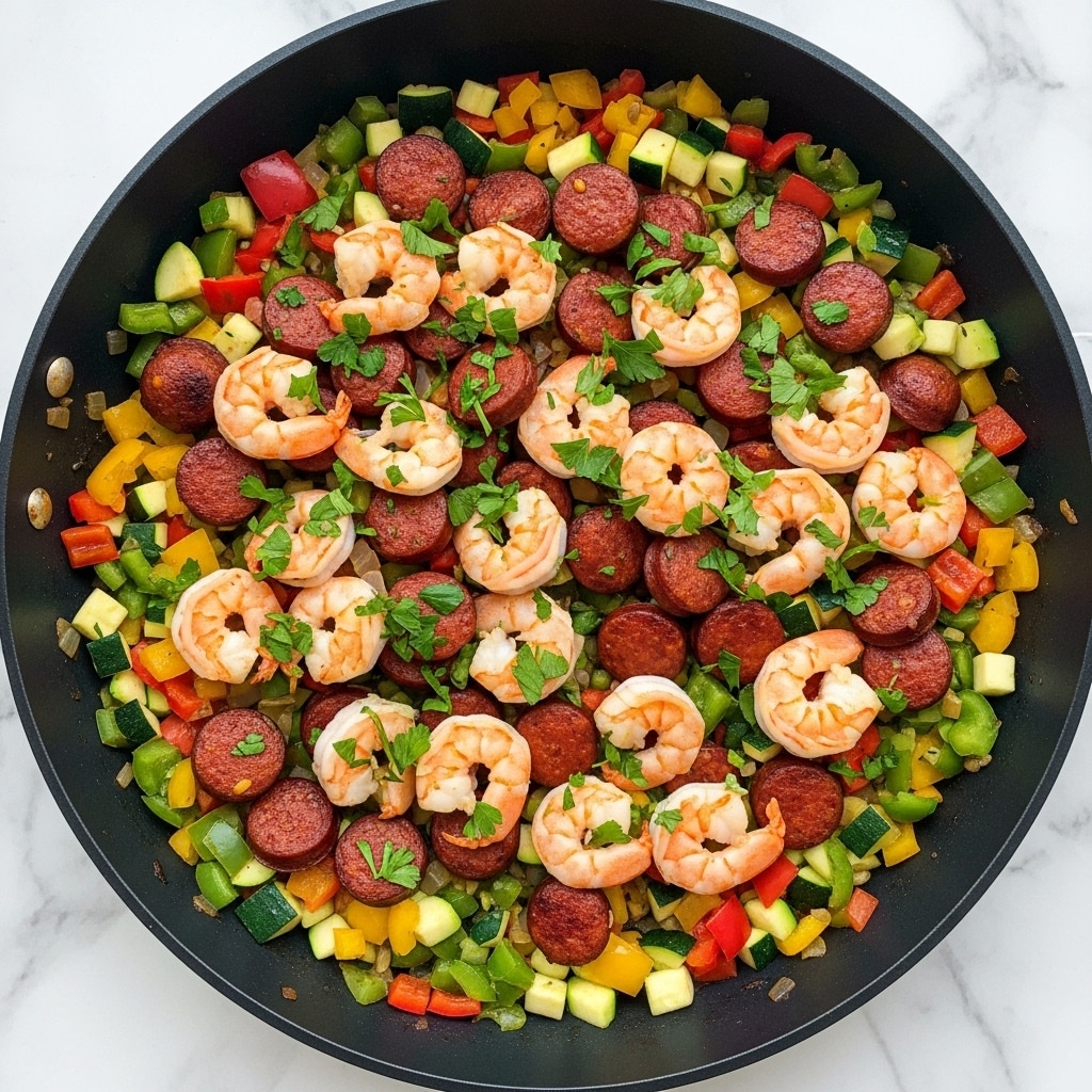 A black pan filled with a colorful dish showing layers of cooked vegetables including green, yellow, and red bell peppers, and chopped zucchini forming the base; evenly mixed with slices of reddish-brown sausage and plump pink shrimp placed on top; fresh green parsley leaves scattered all over, adding a vibrant touch; the dish appears juicy and well-cooked with rich, warm colors. The pan is placed on a surface with white marbled texture. Photo taken with an iphone --ar 4:5 --v 7