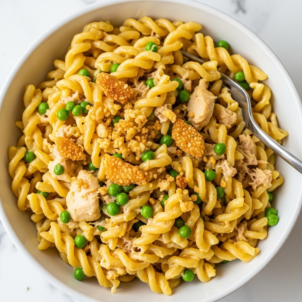 A close-up view of a creamy pasta dish served in a white speckled bowl with a golden rim, displaying several layers of wide, ruffled noodles mixed with small green peas and chunks of cooked chicken. The pasta is coated in a thick, light yellow cheese sauce with browned, crispy bits on top, adding texture to the dish. A silver fork is placed on the right side inside the bowl, resting on the pasta, and the entire setup sits on a white marbled surface. photo taken with an iphone --ar 4:5 --v 7