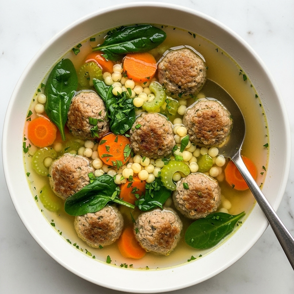 A white bowl filled with clear broth soup containing multiple small, browned meatballs floating throughout. There are bright orange carrot chunks and pale green celery pieces mixed in, along with small, round, off-white pasta pearls scattered on top. Dark green spinach leaves add color and texture, evenly spread around the bowl. Finely chopped green herbs are sprinkled over the soup, creating a fresh look. A silver spoon rests inside the bowl along the edge, and the bowl sits on a white marbled surface. photo taken with an iphone --ar 4:5 --v 7