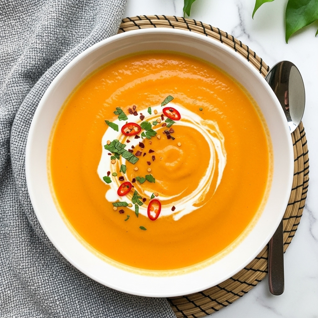 A bowl filled with a smooth, bright orange soup. On top, there is a swirl of white cream, sprinkled with small green herb leaves and tiny red chili flakes. The bowl is white and placed on a beige cloth with a silver spoon beside it. The background shows a white marbled texture with a folded gray textured towel nearby. photo taken with an iphone --ar 4:5 --v 7