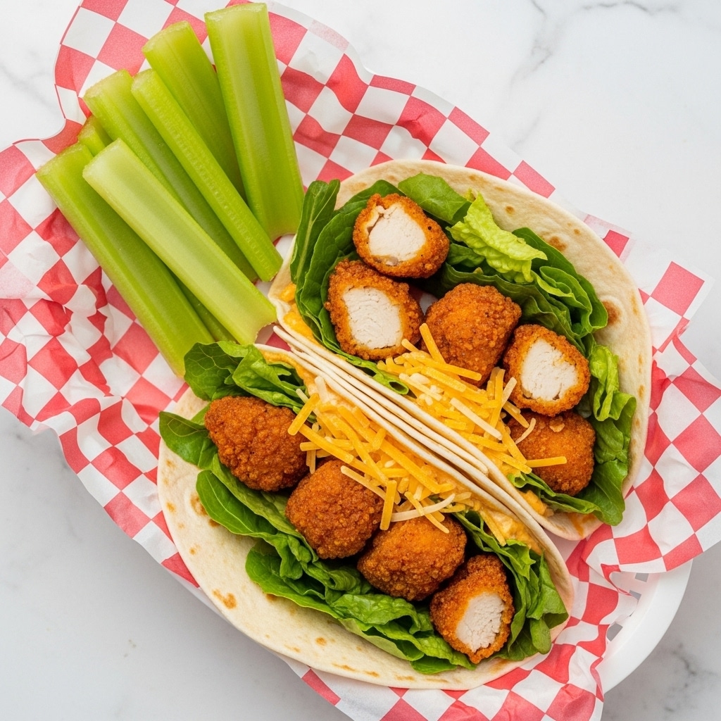 Two wraps are placed side by side on red and white checkered paper in a basket. Each wrap has a soft white tortilla shell as the outer layer with a smooth texture and light brown spots. Inside, the first visible layer is a green leafy lettuce followed by a layer of crispy golden-brown breaded chicken strips coated with reddish-orange sauce. Next to the wraps, there are several fresh, light green celery sticks showing a smooth and firm texture. The whole scene is set on a white marbled surface. photo taken with an iphone --ar 4:5 --v 7
