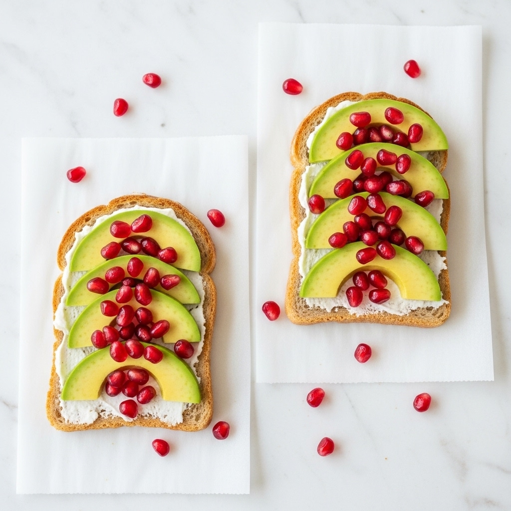 Two pieces of toasted brown bread are placed side by side on white paper sheets over a white marbled surface. Each toast has a layer of white cream spread evenly on top, followed by three green avocado slices arranged in a slightly overlapping line. Bright red pomegranate seeds are sprinkled on top of the avocado slices and cream, adding vibrant spots of color. The toasts are neatly presented with some pomegranate seeds scattered around on the white paper. Photo taken with an iphone --ar 4:5 --v 7