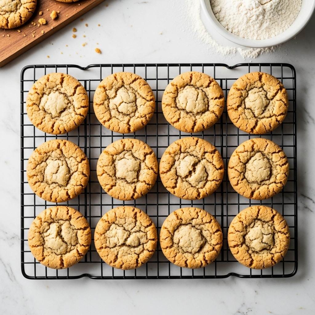Twelve round cookies with a cracked, golden-brown top sit evenly spaced on a black metal cooling rack, which rests on a white marbled surface. Each cookie has a slightly raised edge and a rough, crumbly texture on top, showing a lightly dusted sugary coating that sparkles under soft light. The overall look is warm and inviting, suggesting a fresh batch just out of the oven. In the top right corner, there is a white bowl filled with light-colored flour visible, adding to the baking scene. Photo taken with an iphone --ar 4:5 --v 7