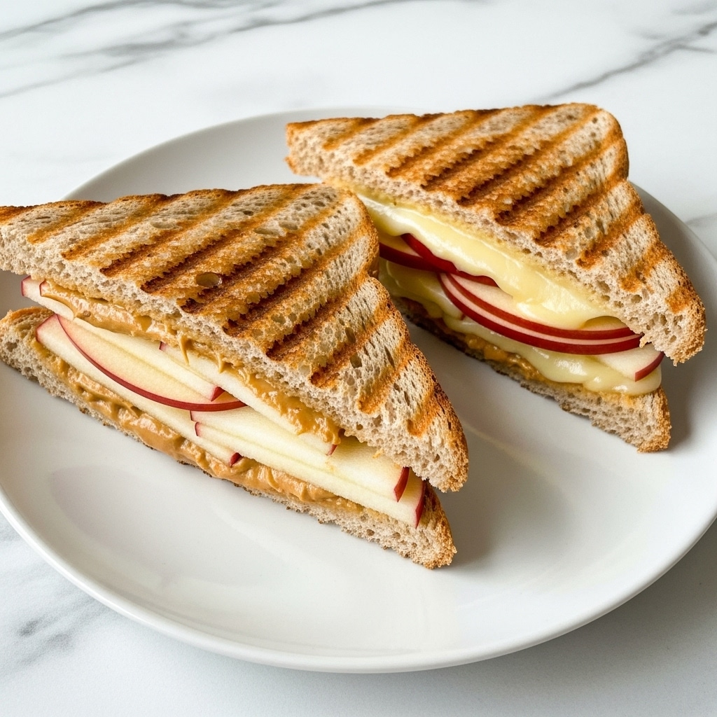 Two toasted sandwich halves sit on a round white plate over a white marbled surface. Each sandwich has two slices of brown, whole-grain bread with clear grill marks on the top, showing a slightly crispy texture. Between the bread slices, there are thin apple slices with red skin visible, and a layer of creamy light brown peanut butter that looks smooth. The sandwich layers are thick enough to see the different textures and colors clearly. A tiny drop of dark brown sauce is near the bottom edge of the plate. photo taken with an iphone --ar 4:5 --v 7