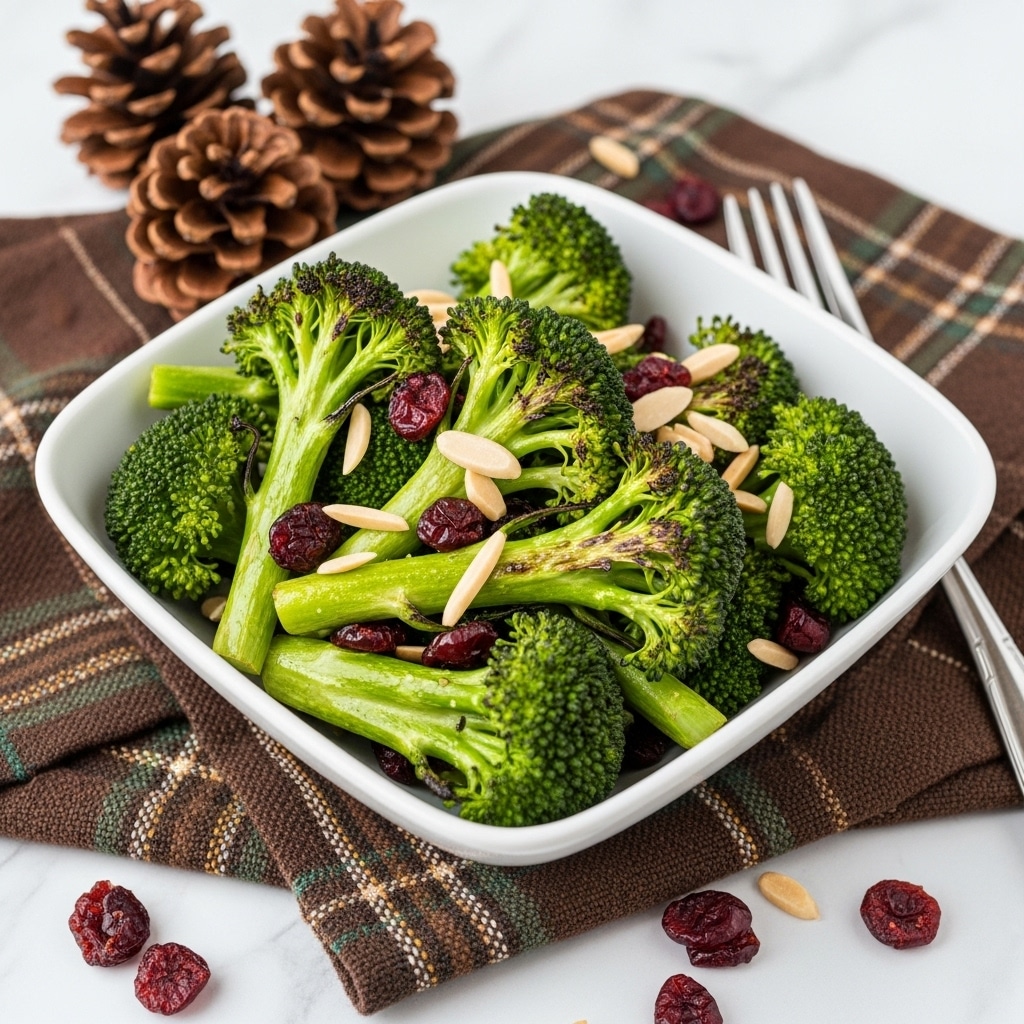 A white square bowl filled with roasted broccoli florets that are deep green with some browned edges, mixed with thin white almond slices and small red dried cranberries scattered throughout; the bowl sits on a plaid cloth with green, brown, and white lines placed on a white marbled surface, next to a silver fork and two pine cones with a few loose cranberries nearby. photo taken with an iphone --ar 4:5 --v 7