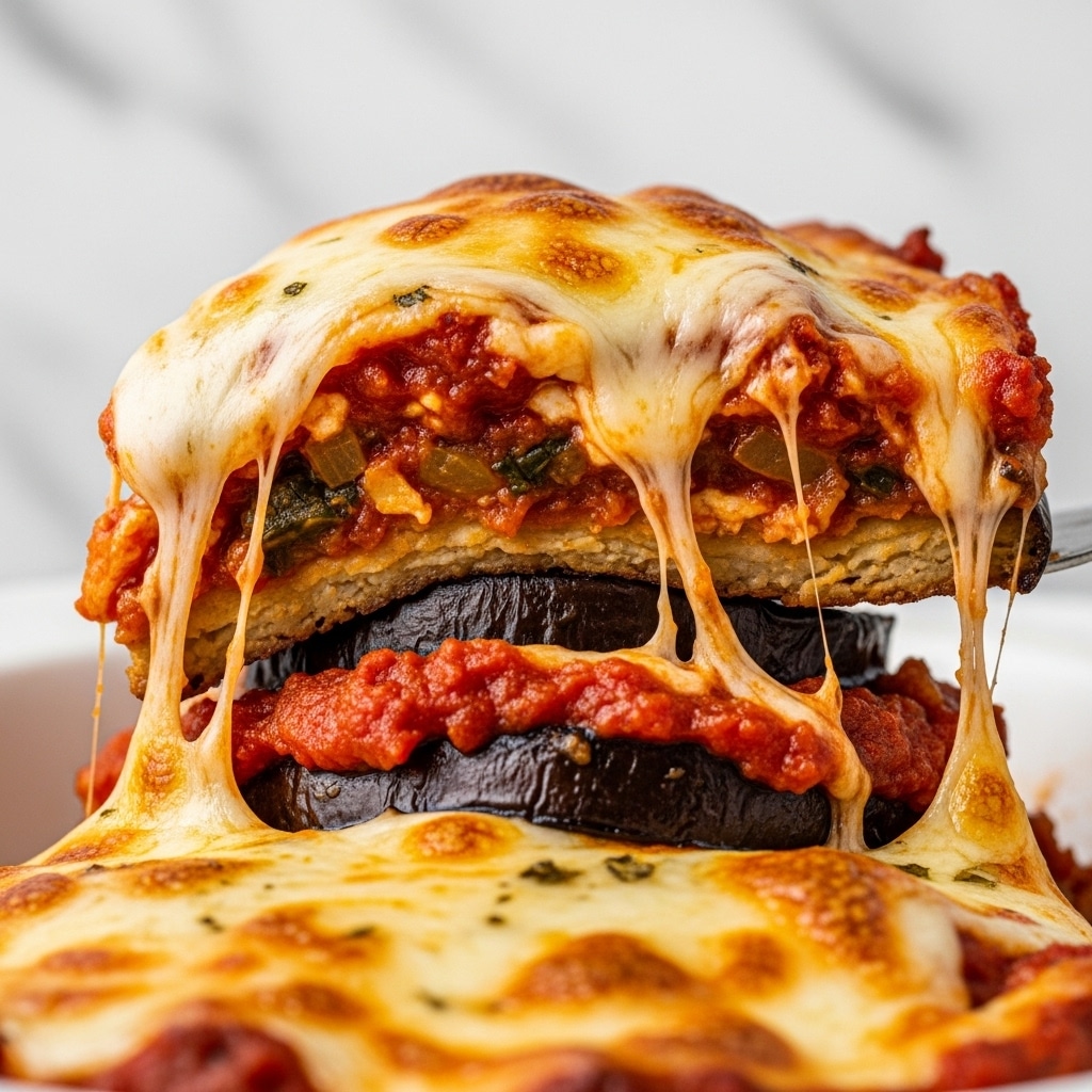 A close-up view of a stack of eggplant parmesan held on a spatula, showing four visible layers of thick, golden-brown fried eggplant slices, each separated by rich red marinara sauce with small tomato chunks and melted cheese. The top layer is covered with a generous amount of melted mozzarella cheese, creamy white with melted spots slightly browned, stretched down with gooey cheese strands dripping from the edges. The background is a white marbled surface with a blurred view of the rest of the dish. photo taken with an iphone --ar 4:5 --v 7