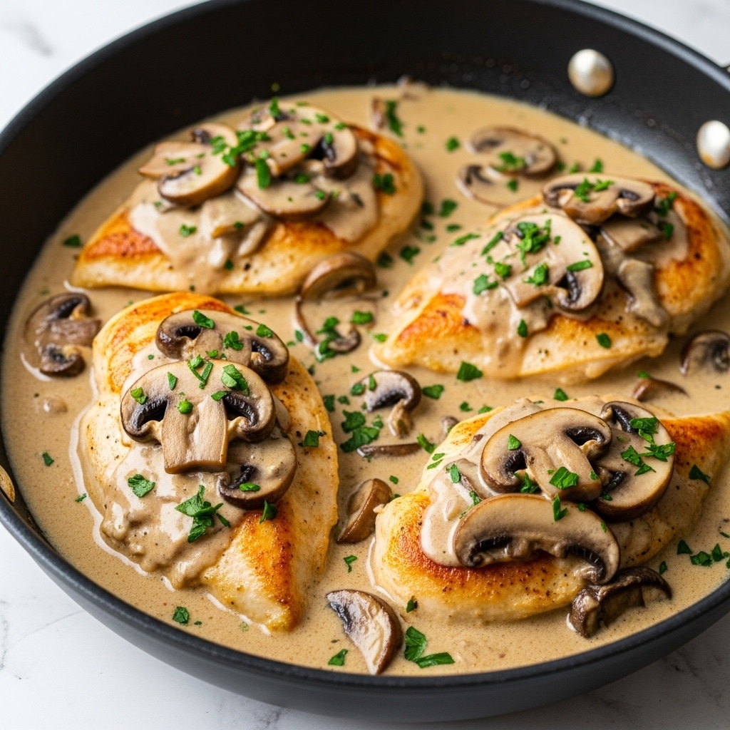 The image shows a pan with golden-brown cooked chicken breasts lying in a creamy beige mushroom sauce. There are four chicken breasts evenly placed in the pan, each topped with sliced brown mushrooms and sprinkled with bright green chopped parsley. The sauce is smooth and covers the chicken almost halfway up, with visible small mushroom pieces throughout. The pan is black cast iron, placed on a white marbled surface. photo taken with an iphone --ar 4:5 --v 7
