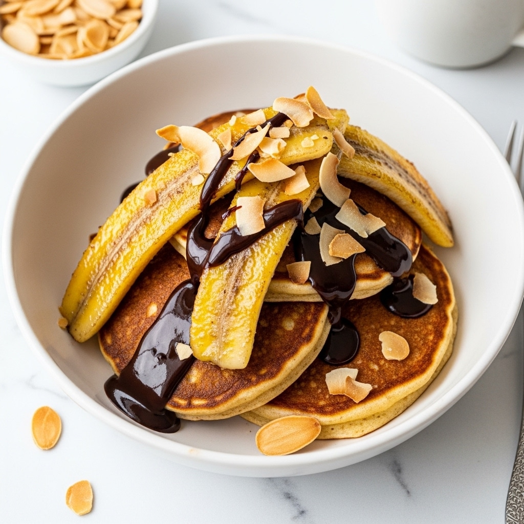 The dish has two thick, golden-brown pancakes as the bottom layer, each with a slightly crispy texture and dark spots of caramelization. On top of the pancakes, there are soft, light yellow banana slices arranged in a scattered way. A rich, dark chocolate sauce is drizzled over the bananas and pancakes, pooling a little in the white bowl. Thin, pale brown toasted coconut flakes are spread over everything, adding a crunchy texture. The bowl is on a white marbled surface with a small bowl of almonds and a cup partially visible in the background. Photo taken with an iphone --ar 4:5 --v 7