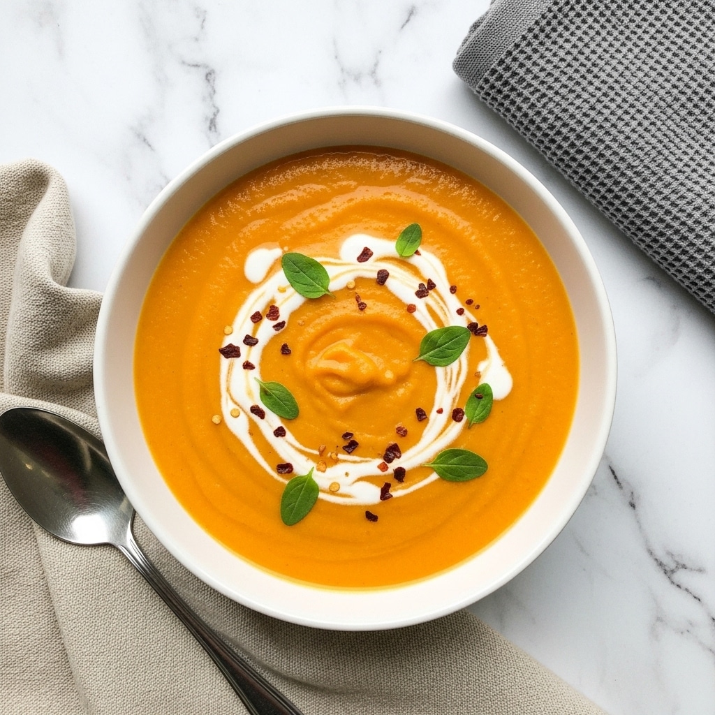 A bowl of bright orange soup fills most of the white bowl, showing a smooth and creamy texture. On top, there is a swirl of white cream, adding a soft contrast. Small green herb pieces and red chili flakes are scattered gently on the cream, giving little pops of color and texture. The bowl sits on a light brown woven mat with a silver spoon nearby, and a gray textured cloth is slightly folded to the left side. The background is a white marbled texture with some green leaves faintly visible in the upper corner. photo taken with an iphone --ar 4:5 --v 7
