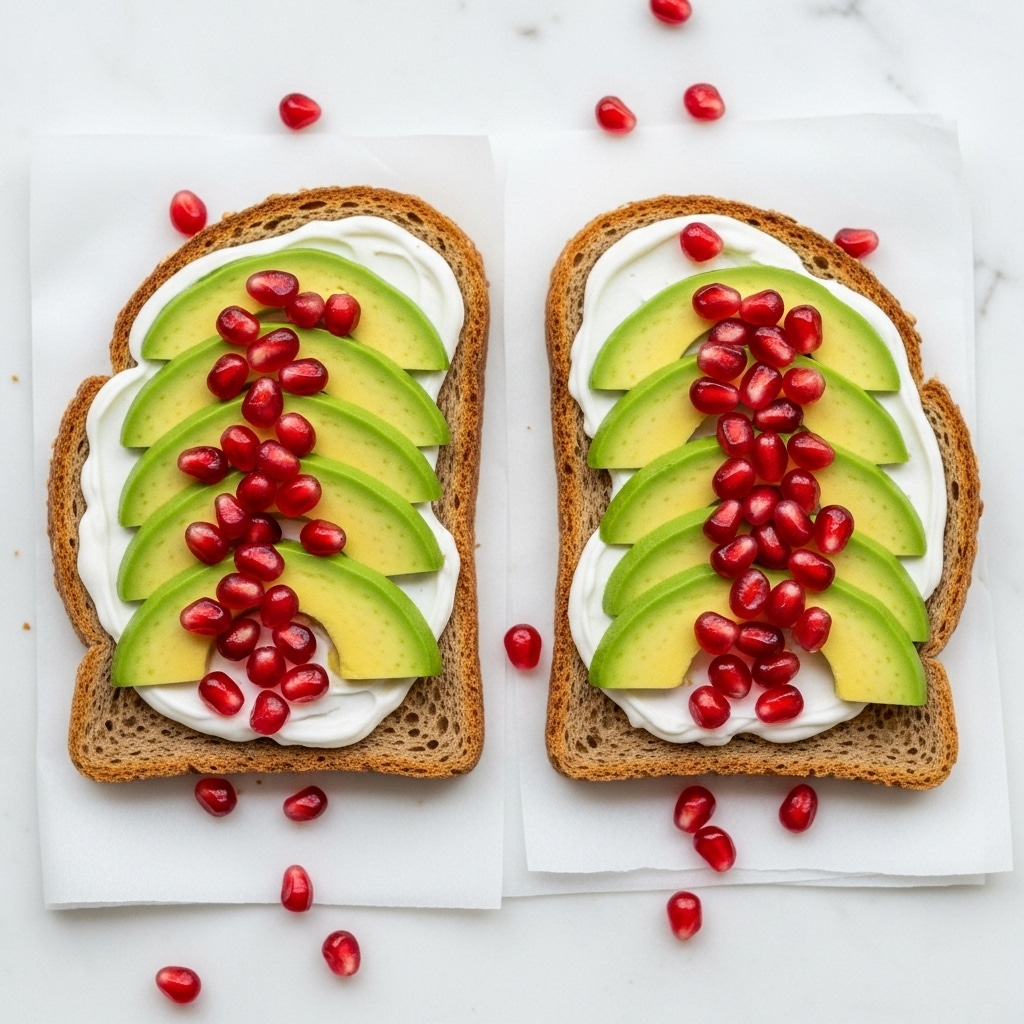 Two slices of toasted bread are placed on white paper sheets set on a white marbled surface. Each toast has a base layer of creamy white spread, topped with three slices of pale green avocado arranged in a row from bottom to top. Bright red pomegranate seeds are scattered over the avocado slices, adding vibrant color and texture. The toasts are parallel to each other with a few additional pomegranate seeds sprinkled around them on the white paper. The scene is simple and clean with a focus on the fresh colors of the food. photo taken with an iphone --ar 4:5 --v 7