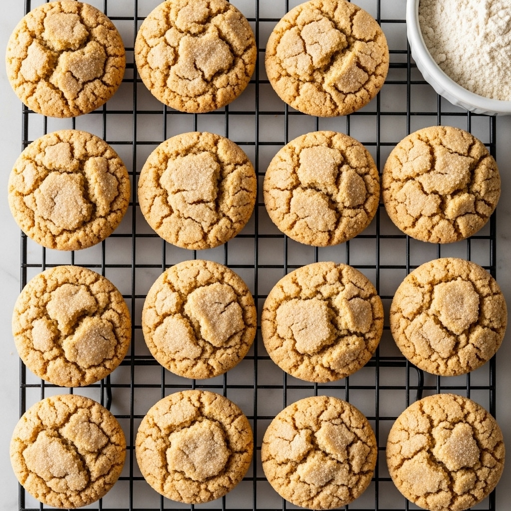 The image shows twelve round cookies arranged in three rows and four columns on a black cooling rack. The cookies are golden brown with a cracked, slightly coarse surface texture, and they look crispy around the edges while softer in the middle. The cooling rack is placed on a white marbled textured surface. In the upper right corner, there is a white bowl filled with flour, and the top left corner has a wooden board with some crumbs near it. The overall lighting is soft and natural, highlighting the warm color and texture of the cookies. Photo taken with an iphone --ar 4:5 --v 7