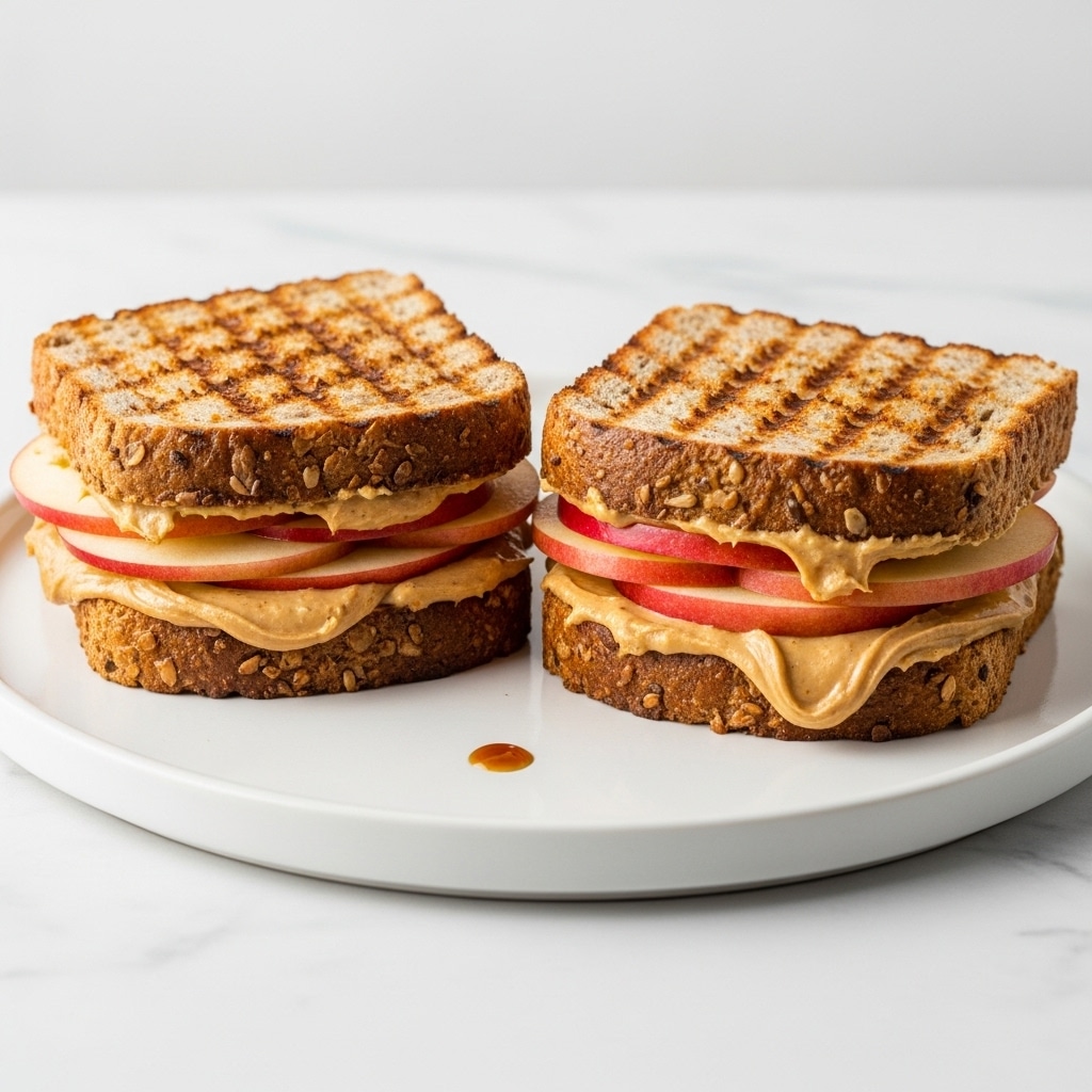 Two triangular grilled sandwiches are placed on a white plate. Each sandwich consists of two slices of toasted whole grain bread with visible grill marks, giving a warm brown color. Inside one sandwich, thin slices of light beige apple and smooth light brown peanut butter are layered, while the other sandwich reveals melted light yellow cheese and thin slices of reddish-brown apple. The plate rests on a white marbled surface. photo taken with an iphone --ar 4:5 --v 7