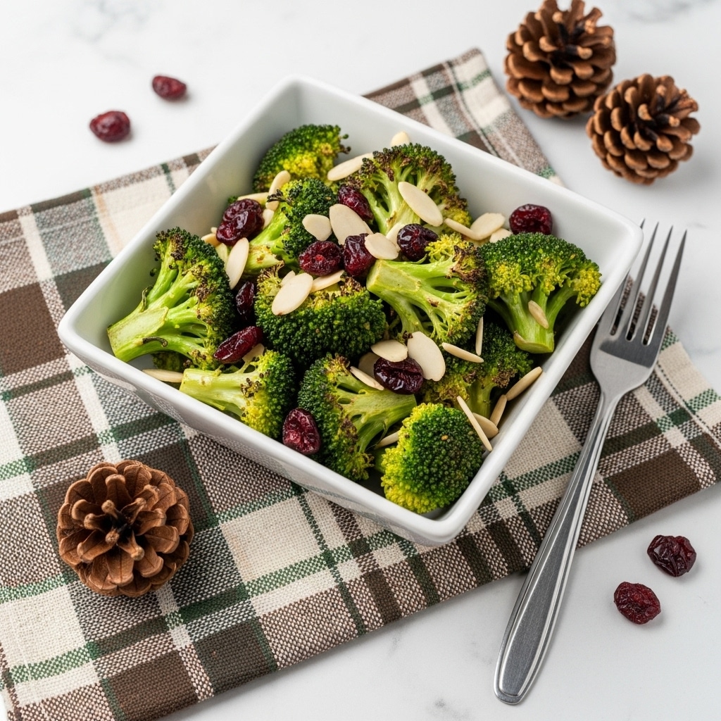 A white square bowl is filled with crisp green roasted broccoli florets that have slight char marks. Scattered among the broccoli are thin off-white almond slices and small dark red dried cranberries, adding color contrast. The bowl sits on a brown and green plaid cloth placed over a white marbled surface. Nearby, there are some brown pine cones and a few loose red cranberries, with a shiny silver fork resting to the right of the bowl. Photo taken with an iphone --ar 4:5 --v 7