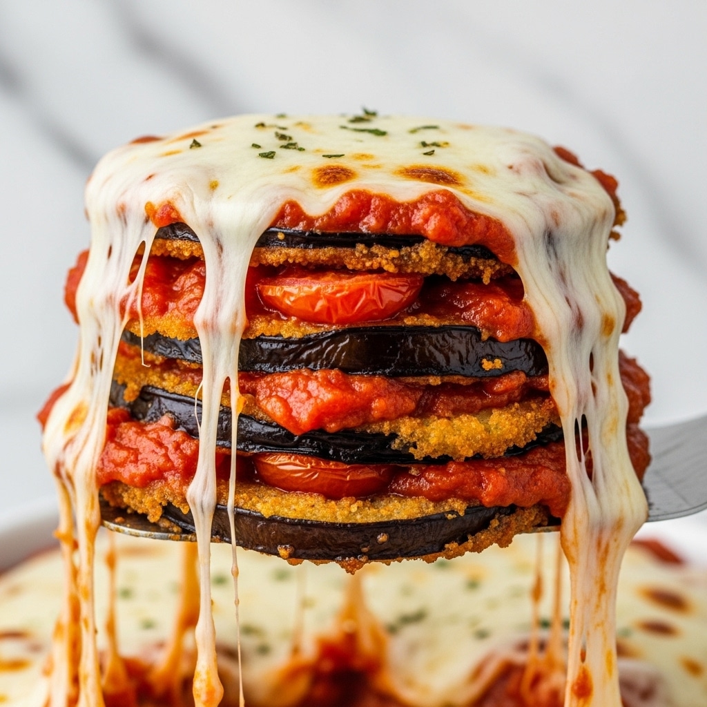 A close-up of a slice being lifted from a white dish, showing a three-layered baked stack. The bottom layer is a thick, browned, crispy eggplant slice covered with chunky red tomato sauce and melted cheese. The middle layer has another eggplant slice with more tomato sauce and small bits of herbs or vegetables. The top layer is a golden, bubbling melted cheese with some browned spots and gooey cheese strands stretching down. The background is a white marbled texture, slightly blurred to keep the focus on the hot, cheesy stack. Photo taken with an iphone --ar 4:5 --v 7