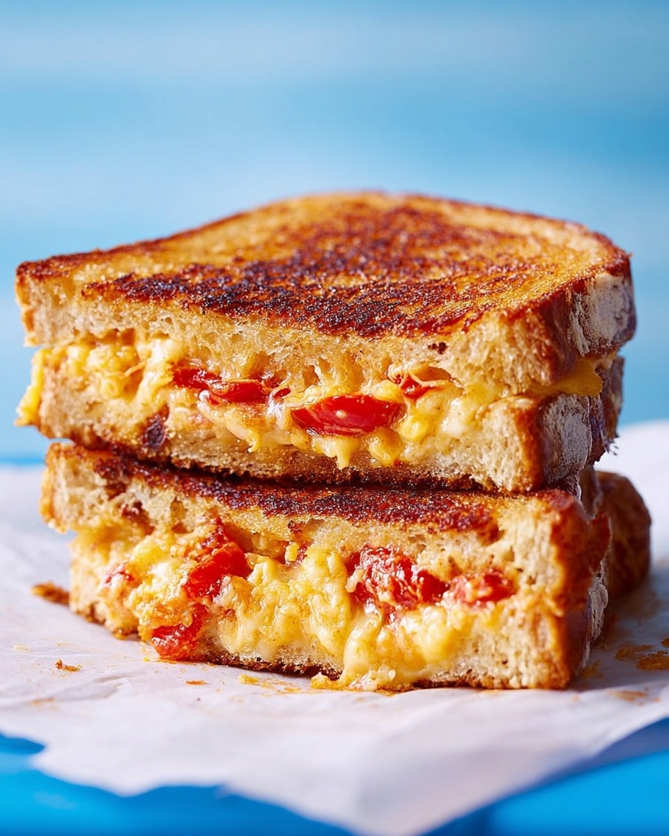 The image shows a close-up of a grilled sandwich cut in half and stacked. The sandwich has two thick slices of toasted bread with a golden brown, crispy crust that looks crunchy and slightly rough. Inside, the sandwich has melted light yellow cheese with a gooey, stringy texture and pieces of red tomato or pepper spread evenly across both layers. The sandwich rests on a white paper on a white marbled surface, with a simple blue backdrop behind. photo taken with an iphone --ar 4:5 --v 7