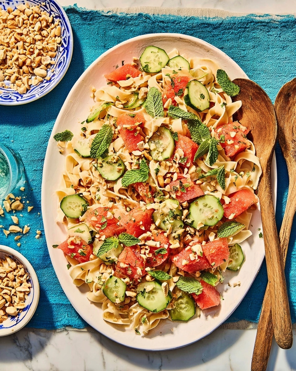 A white oval plate holds a colorful noodle salad with three visible layers: the bottom layer is flat, light beige noodles, the middle layer has chunks of bright red watermelon and slices of green cucumber mixed in, and the top layer is sprinkled with roughly chopped pale yellow peanuts and fresh green mint leaves. Two wooden spoons rest on the right side of the plate. To the left of the plate, there is a small white bowl with a blue rim filled with crushed peanuts. The scene is set on a white marbled surface with a blue cloth partially underneath the plate. photo taken with an iphone --ar 4:5 --v 7