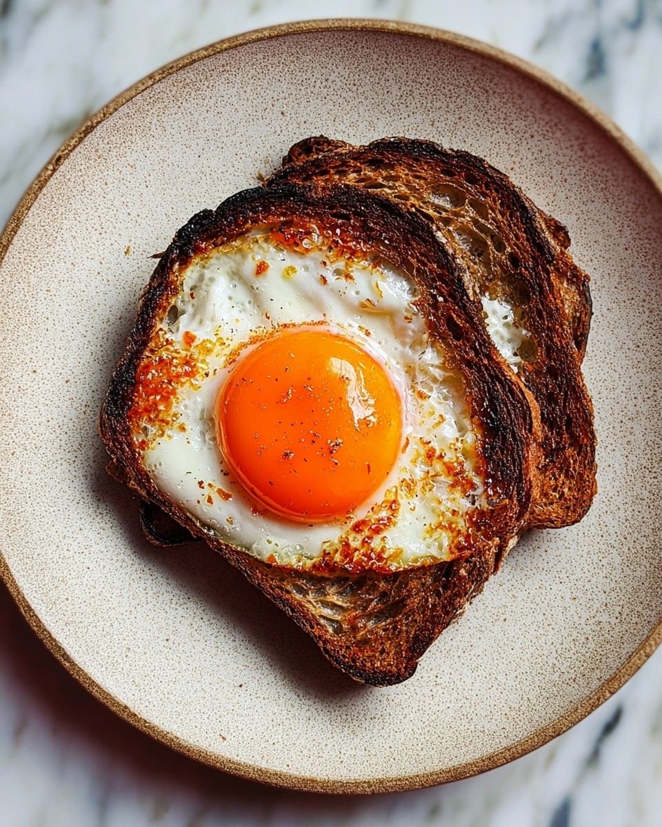 Two slices of dark brown toasted bread with a rough texture are placed on a white plate, slightly overlapping each other. On top of the toast sits a fried egg with a bright, glossy orange yolk that looks soft and slightly runny, surrounded by white cooked egg whites with some golden, bubbly edges. The dish is set against a white marbled surface. Photo taken with an iphone --ar 4:5 --v 7