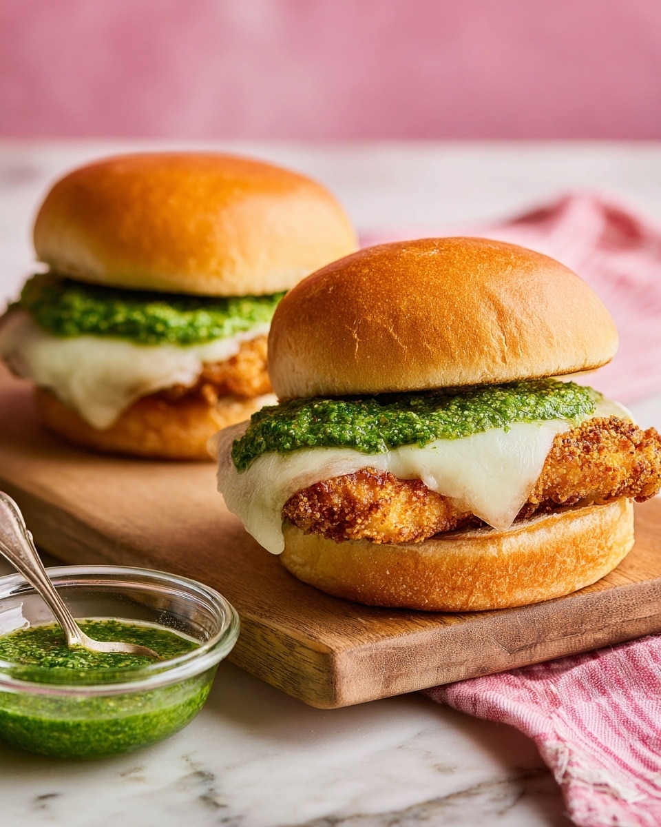 Two sandwiches rest on a wooden board over a white marbled texture, each with a soft, golden-brown bun on top. The bottom bun holds a crispy, breaded chicken fillet with melted white cheese partially covering it. On top of the cheese is a thick layer of bright green pesto sauce. In the foreground, a small clear glass bowl filled with green pesto sits beside the board, with a metal spoon resting inside. A pink cloth is partially visible in the background against a soft pink backdrop. Photo taken with an iphone --ar 4:5 --v 7