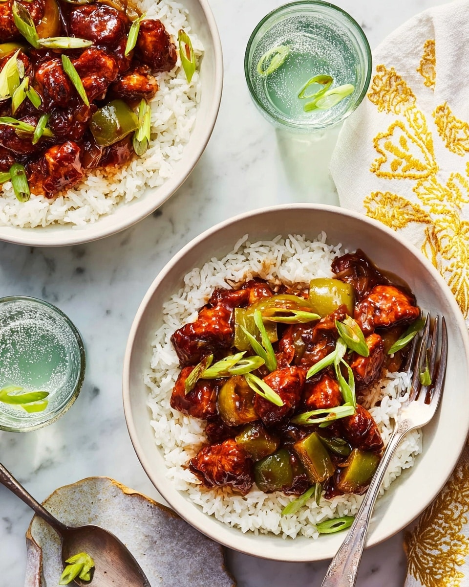 The image shows two white bowls filled with plain white rice as the base layer, topped with a glossy dark red sweet and sour sauce that covers pieces of crispy fried chicken and green bell pepper chunks. Thinly sliced green onions are scattered over the sauce, adding a fresh green pop of color. Each bowl has a silver fork placed to the side. Two glasses filled with sparkling water sit nearby, with visible bubbles creating a light, refreshing contrast. A white cloth with yellow floral patterns lies beside the bowl on a white marbled surface. photo taken with an iphone --ar 4:5 --v 7